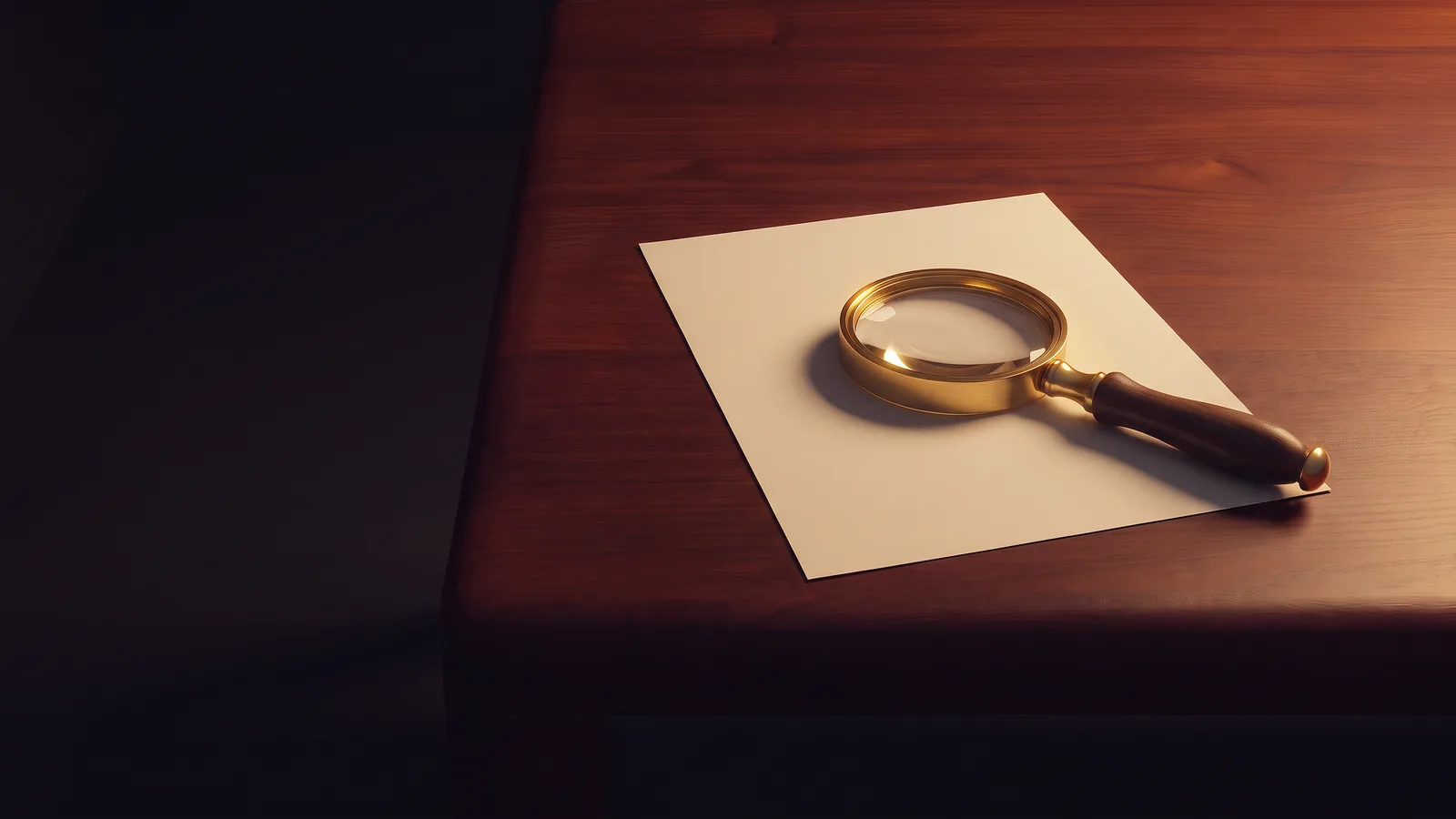 A brass magnifying glass lying on a blank sheet of paper on a jarrah table in warm low light.