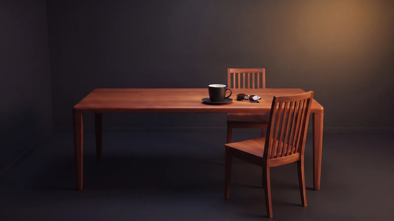 A jarrah dining table in a dark room, one chair pulled out invitingly beside a black coffee cup and sunglasses.