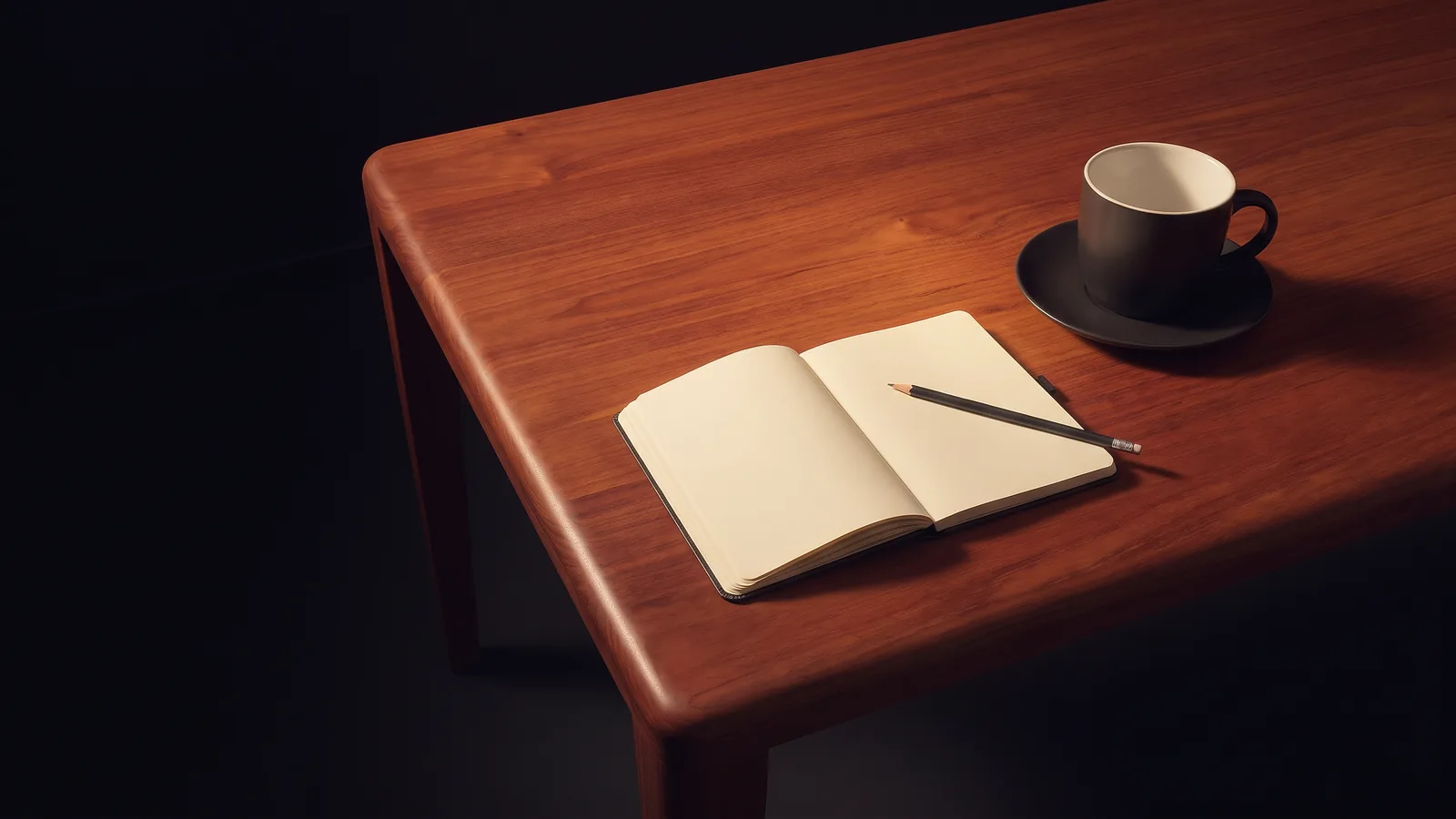 An open blank notebook, a pencil and a coffee cup on a jarrah tabletop in warm low light.